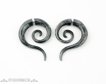 Fake Gauge Spiral Earrings Inffinity Grey Dyed Bone Earrings Tribal Style Earrings - Wild Spirit Gauges Plugs Bone Horn - FG014 GDB G1