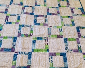 Cotton Lap Quilt, purple and green, 33" x 33"