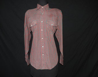 vintage plaid pearl snap shirt 70s red and green button down men's rockabilly shirt medium