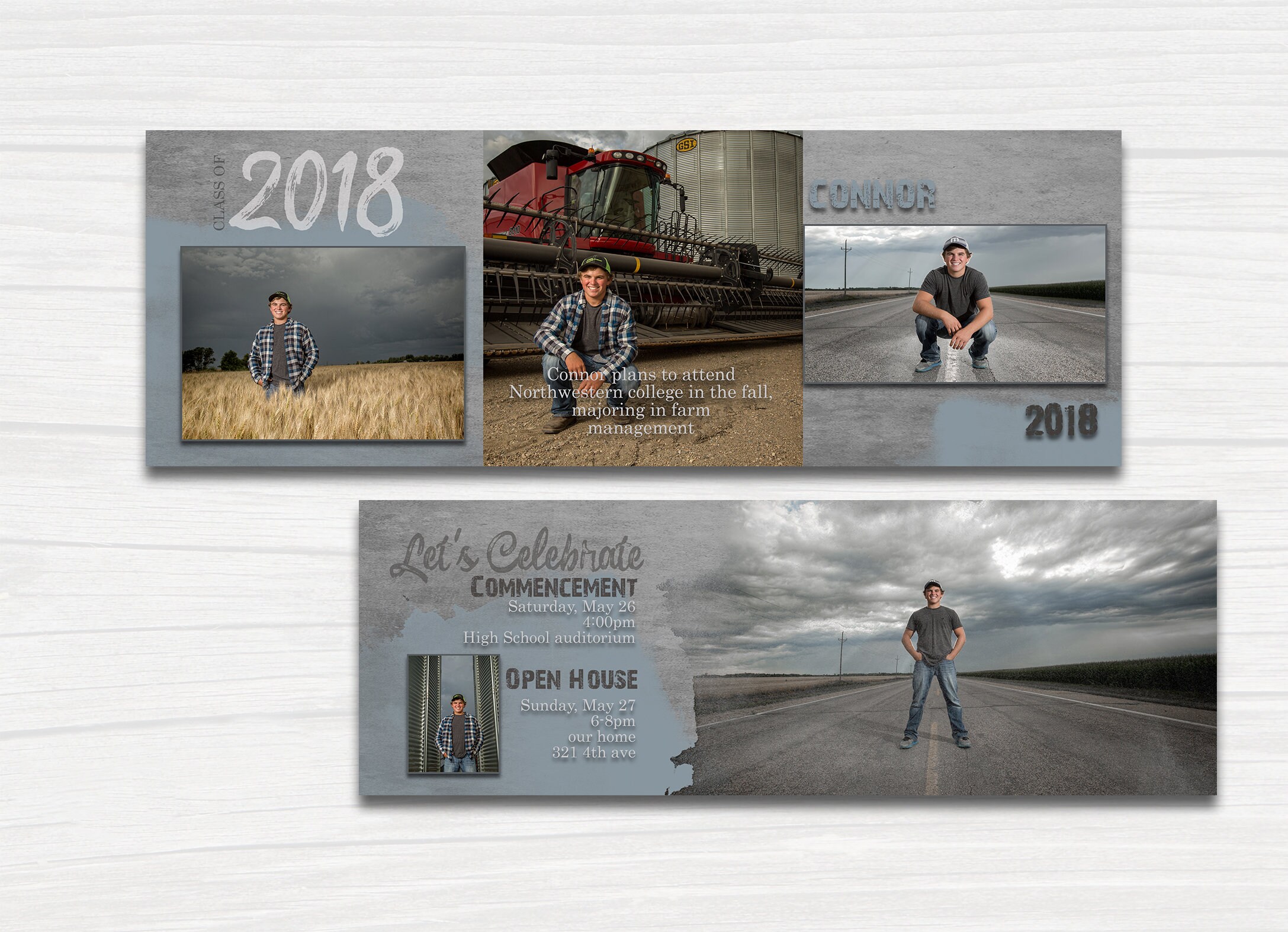 trifold graduation invitation with steel gray tones