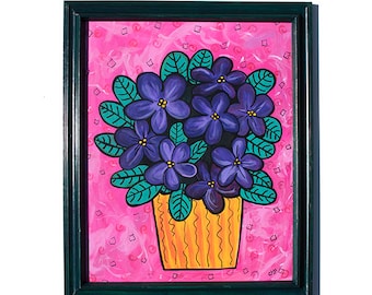 African Violets Painting - Original Purple Floral Art - Purple and Pink Mixed Media Still Life Painting by Claudine Intner