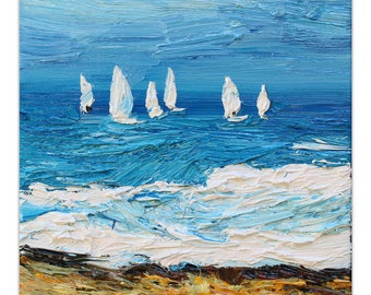 Sailboats small oil painting, original seascape painting on stretched canvas ready to hang, impressionist style art