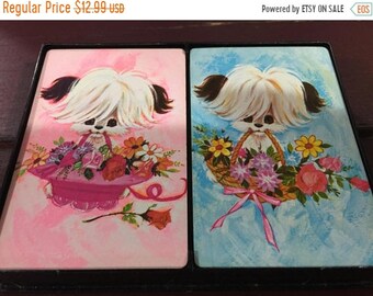MAYniaSALE Vintage Hallmark cute puppy with basket of flowers pink and blue playing cards in plastic box used