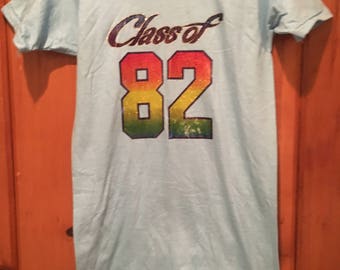 Class of 82 Vintage 1980s Baby Blue and Rainbow Glitter Graphic Iron On T-Shirt