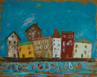 Сityscape,old town,urban art,conceptual painting,naive painting,original oil painting,expressionism,interior painting,oil on canvas