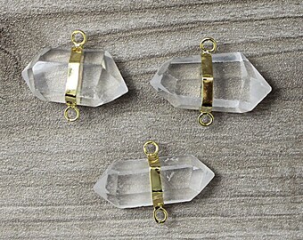 Crystal Quartz Double Point Pendant Connector with Gold Electroplated WHOLESALE PRICING 1, 3, 5, 10, 20, 50, 100 crystals D1S2-02