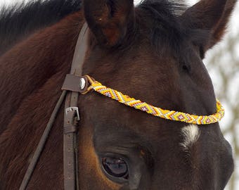 Seed beaded browband, yellow beads, brown leather, horse bridle parts, handmade decorative browband