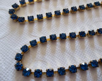 3mm Capri Blue Rhinestone Chain - Brass Setting - Preciosa Czech Crystals