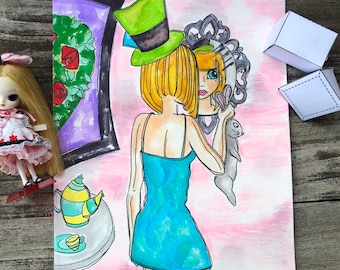 Alice Dollie 9 x 12 Painting, Alice, Big Eyed Girl, White Rabbit, Wonderland, looking glass, big eyes, big eye