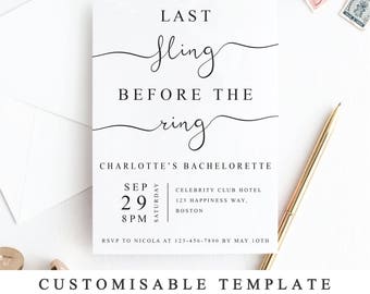 Last Fling Before The Ring Bachelorette Party Invitation Template, Printable Bachelorette Invite, Editable PDF Modern Wedding Card, 5x7 4x6