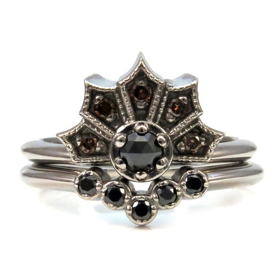 Gothic White Gold and Black Diamond Crown Ring set with Nesting Wedding Band - Palladium White Gold and Champagne Diamonds Engagement Ring