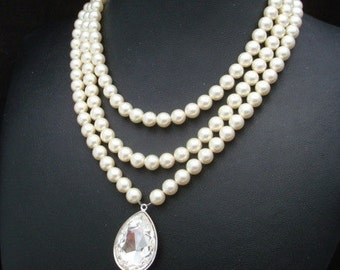 pearl necklace, bridal pearl necklace, rhinestone bridal necklace, pearl and crystal necklace, bridal statement necklace, pearl, SAHARA