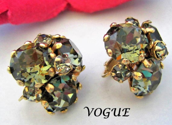 Vogue Rhinestone Earrings, Signed Faceted Earrings, Green Gray Clip Ons