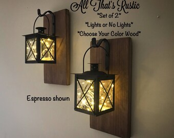 Set of 2 Lantern Sconces, Hanging Sconces, Lantern Sconce, Wall Sconces, Rustic Wall Sconces, Rustic Home Decor, Lighted Sconces, Gifts