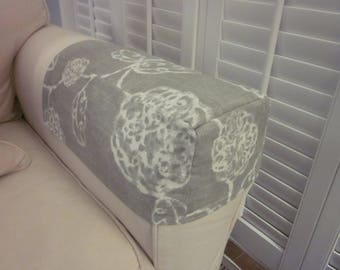 Sofa Arm Caps or Covers, Chair Arm Caps, Pair, Gray Cotton with White Flowers, Made to Order, Various Fabrics and Sizes are Available