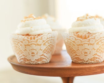 Real Ivory Lace Cupcake Wrappers / Liners - wedding, rustic, vintage, princess, tea party, birthday, bridal shower, baby, bachelorette