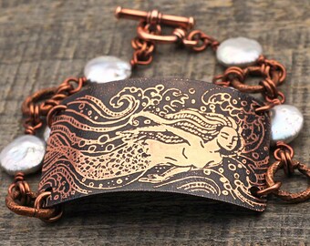 Pearl mermaid bracelet, light blue beads and etched copper, two strand jewelry, 8 1/4 inches long