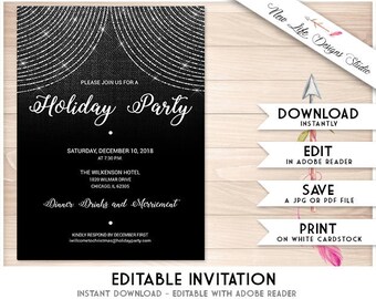 Classy Christmas Party Invitation, Glitter Party, Hanging lights Editable Invitation, Silver and Black, String Lights WORK CHRISTMAS PARTY