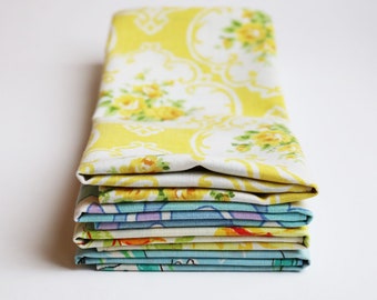 Fabric Napkins, Cloth Napkins, Reusable Napkin Set, Vintage Blues and Yellows, Handmade by Knotted Nest