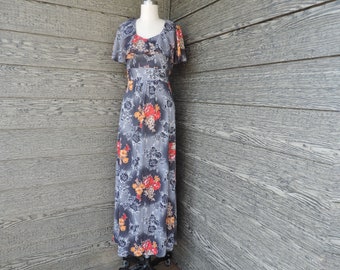 gray floral maxi dress 1970s ruffled boho hippie festival long gown medium