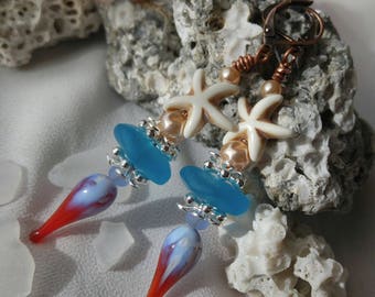 Blue and Red Sea Glass Earrings
