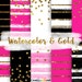 Watercolor and Gold Digital Paper Pack,Black and Pink, Gold Confetti, Modern Pattern, Stripes Pattern, Scrapbooking Paper,Watercolor Stripes