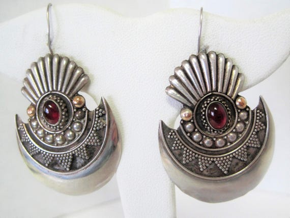 Sterling Red Earrings, 925 Garnet Dangle, Vintage Mixed Metal, Fishhook Wire Pierced