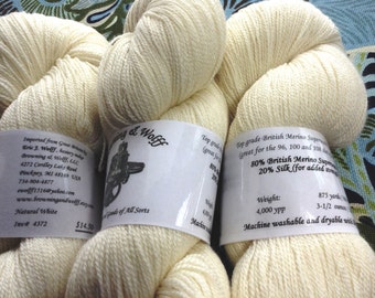 SW Merino/Silk Lace-weight Sock Yarn - Natural White - 100g Skein