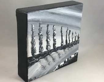 Original Acrylic Painting: Thick Canvas, 6” Square, Landscape of Trees and Water, Black and White, Abstract Art