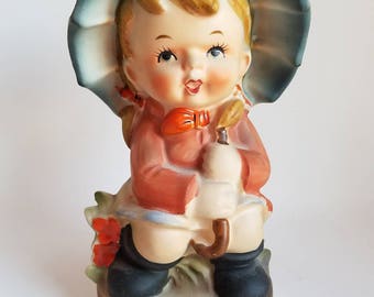 Vintage Piggy Bank * Save for a Rainy Day * Girl with Umbrella* Japan