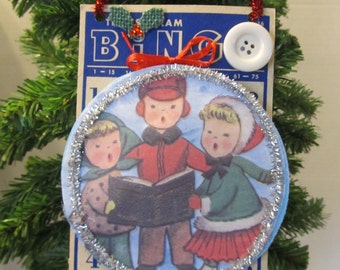 Vintage Christmas Carolers Holly Altered Bingo Card Holiday Decoration Door Hanger Ornament Retro