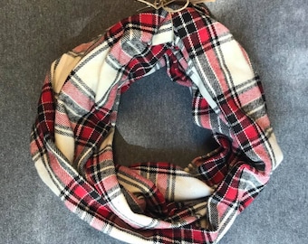 Cream and Red Plaid Flannel Infinity Scarf