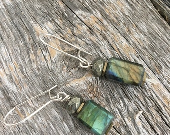 Labradorite and Pyrite Dangle Earrings