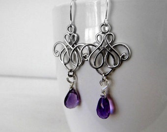 Gemstone Earrings Amethyst Earrings Purple Earrings Chandelier Earrings Gypsy Earrings Night Out Jewelry Art Nouveau Jewelry Scroll Earrings