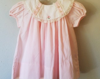 Vintage Girls Pink Dress with Round, Lace Trimmed Collar and bloomers- Size 12 months- New, never worn