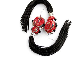 Red black tassel earrings Long fringe earrings Tassel Jewelry Red tassle earrings Long earrings dangle / Custom / Raw