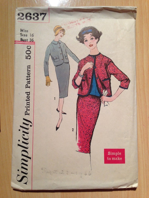 Misses and Juniors Two Piece Suit Simplicity Sewing Pattern 2637 50s Size 16