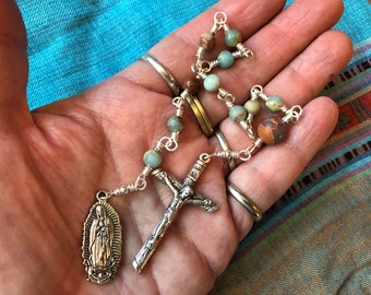 Our Lady of Guadalupe Handmade Wire Wrapped Tenner in Silver Plate and Aqua Terra
