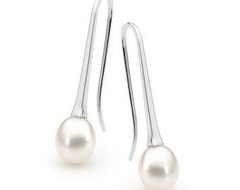 Sterling Silver Medium White Freshwater Pearl drop Earrings, White Pearl drop earrings, Simple pearl white drop earrings