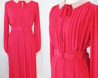 Vintage Bright Red Formal Party Dress / JACK BRYAN Designer 1960's does 40's Red Silky Pleated Skirting Long Sleeve Belt Dress / Size Medium