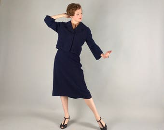Vintage 1950s Suit | 50s Wool Navy Blue Jacket and Skirt Set Volup | Large Extra Large XL