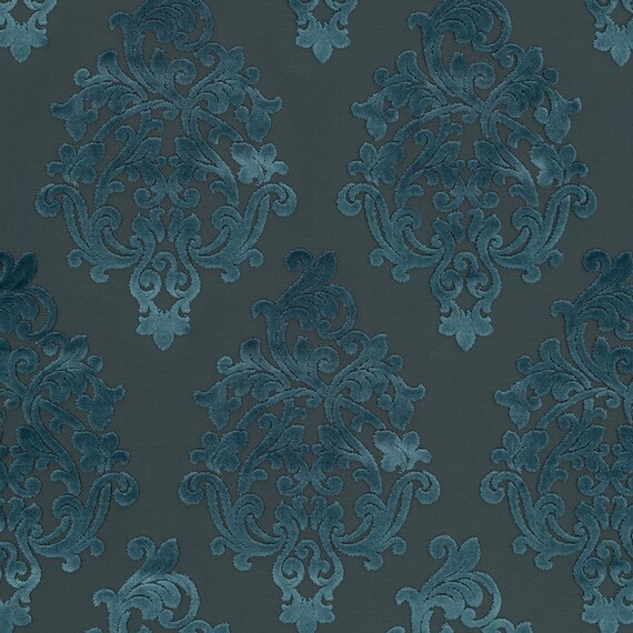 Peacock Blue Velvet Damask Upholstery Fabric Modern Charcoal
