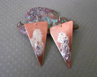 Mixed metal copper/sterling silver triangle dangle earrings