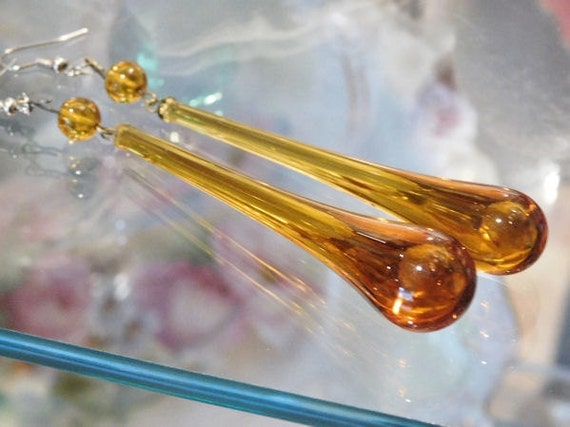 Chandelier Earrings / Amber Glass Teardrop