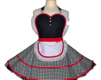 Little Red Riding Hood Apron - Ruffled Red/Black/White Woman's Vintage Apron Full Kitchen Cosplay Sweetheart Pinup