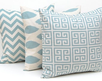 Pillows, Pillow Cover, Throw Pillow Covers Village Blue on Natural Greek Key, Chevron and Ikat Decorative Pillow Covers 16 x 16 Inches Three