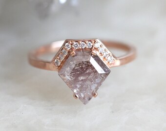 Salt and Pepper Diamond Ring, Rose Gold Diamond Engagement Ring, 18k gold ring set, Geometric Diamond Ring, Modern Diamond Set, Set of two