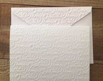 Merry Christmas Card Set, White Embossed Card, Greeting Card Set, Stationery Set, Holiday Card Set, Blank Note Cards and Envelopes