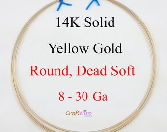 14K Solid Yellow Gold Wire, 8 10 12 14 16 18 20 21 22 23 24 25 26 28 30 Gauge, Round, Dead Soft, 14K Gold Wire