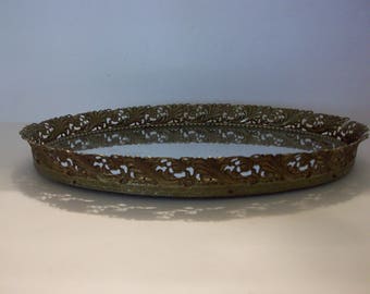 Oval Mirrored Vanity Tray, Vanity Tray, Gold Tone Metal Vanity Tray, Mirrored Vanity Tray